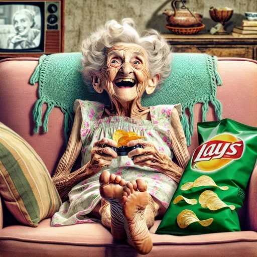 Prompt: Closeup, a little person, 100 year old very wrinkled smiling  woman wearing a short sun dress lounging on a couch eating a giant bag of potato chips watching TV, feet propped up on a coffee table pointed toward the viewer, living room setting, humorous, high quality, high definition, vibrant colors