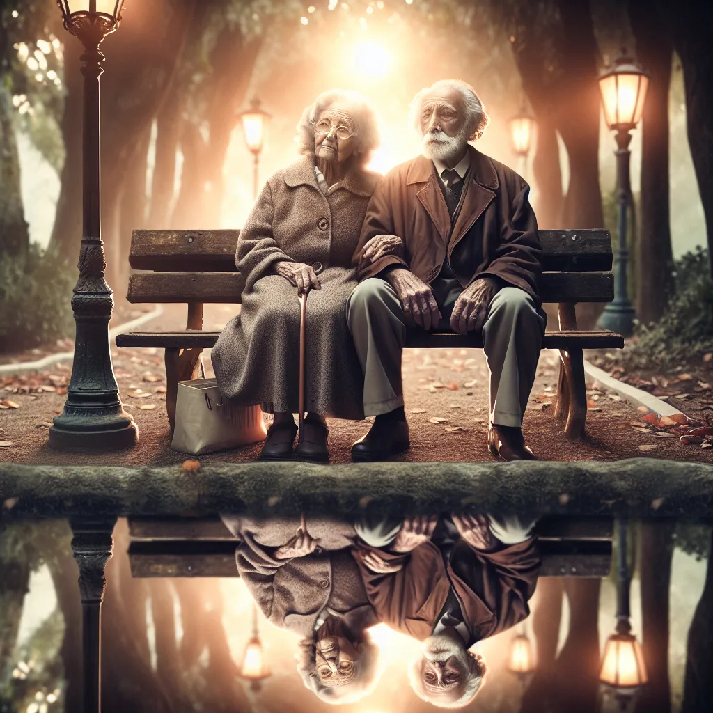 Prompt: Closeup portrait of a retired 85 year old first couple sitting on a park bench next to a lamp post holding hands. Viewer can see their reflection as a second younger couple in a pond body in the foreground, (the couple appears much younger in the reflection) reflection in the pond shows a younger version of the above couple