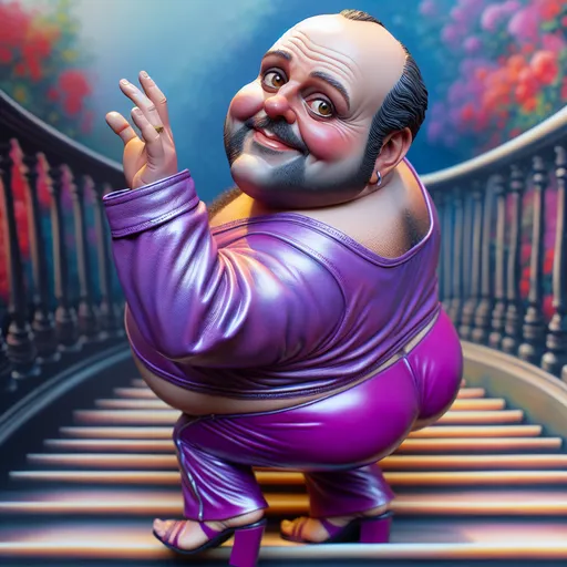 Prompt: 
Closeup realistic portrait Whimsical caricature of a cheeky fat balding Male climbing stairs, expressive brown hair facing away from viewer looking over his shoulder waving at the viewer,  he is wearing a neon purple short leather yoga outfit  that is too short for him, high heel shoes, floral setting background misted soft muted colours chic art cool vibes