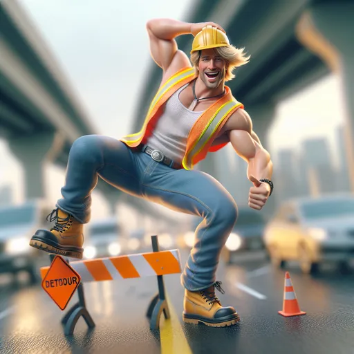 Prompt: 
Closeup Ultra Realistic Whimsical caricature of a cheeky male construction worker with expressive, blonde hair, blue jeans yellow hard hat, and a yellow and orange safety vest. he is in a dynamic pose at a highway  job site. he is wearing black boots,  holding an orange "detour" sign background misted soft muted colours chic art cool vibes