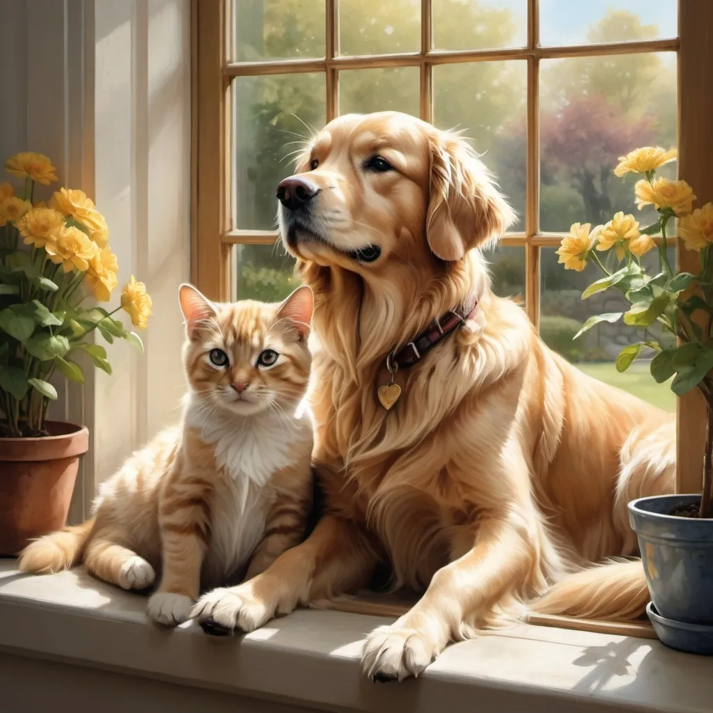 Prompt: Photo realistic illustration of a golden retriever and tabby cat, sitting in a window seat, heartwarming closeness, beautiful garden view, detailed fur and whiskers, high quality, realistic, natural lighting, garden setting, pet companionship, emotional warmth, detailed painting, golden retriever, tabby cat, window seat, garden view, realistic fur, natural lighting, emotional connection, heartwarming, pet companionship, beautiful illustration