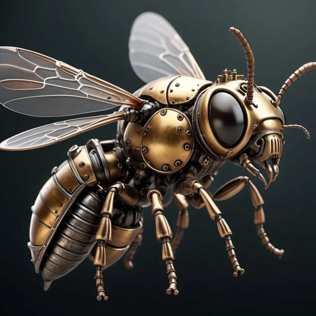 Prompt: Photo realistic, closeup, steampunk, armored flying insect bee