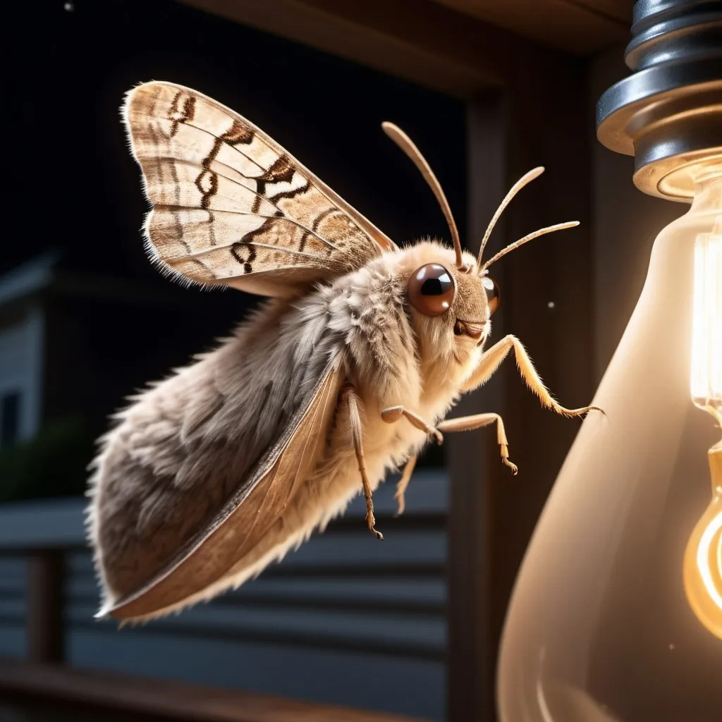 Prompt: Close-up photo-realistic, Looney Toons, profile portrait of a cute fuzzy brown and tan toned moth,( landing on the side) of a very large dimly lit lightbulb at night, front porch setting, ultra-realistic, high quality, detailed fur and wings, adorable, front porch, nighttime, warm lighting, realistic lighting effects, cute moth, fuzzy texture, lit lightbulb, detailed eyes, realistic moth wings, cozy atmosphere