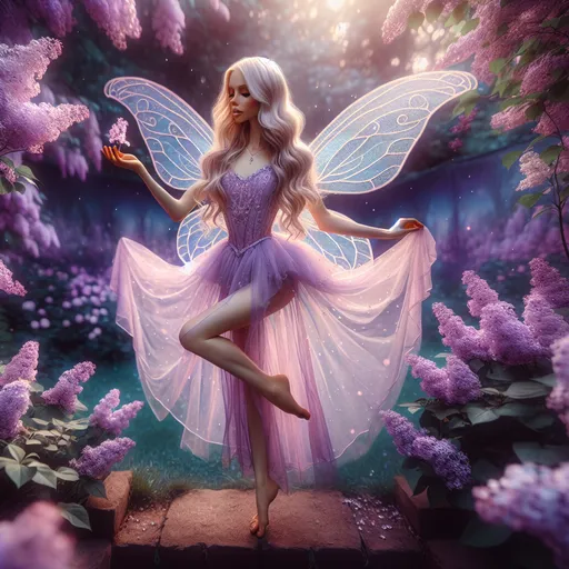 Prompt: lilac fairy with blonde long hair, with lilac wings,clothed in lilac color dress, in mesmerizing lilac garden, the lighting is soft and dreamy, realistic style