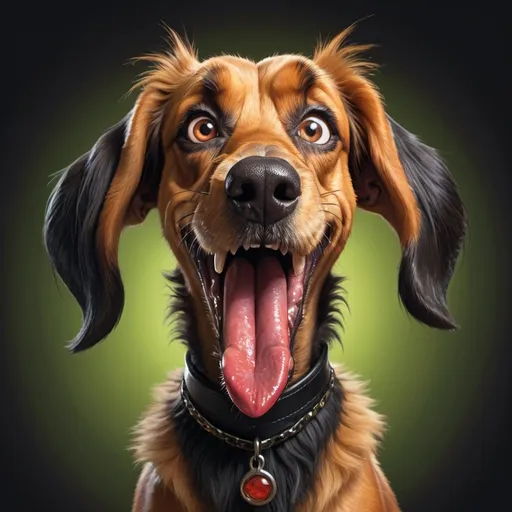 Prompt: Photorealistic Looney Toons illustration of a shaggy blood hound , tongue hanging out, very long neck and ears, silly facial expression, spiked black collar, vibrant colors, detailed fur, whimsical art style, exaggerated features, playful, high quality, vibrant colors, exaggerated proportions, humorous lighting