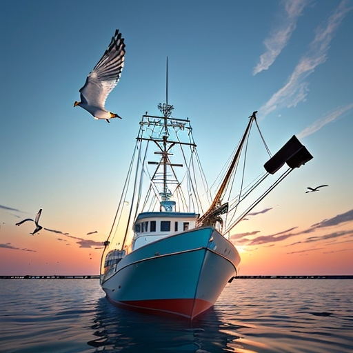 Prompt: 3D closeup Portrait, view from below, depth of field, A beautiful Louisiana Harbor at sunrise on a warm Spring morning, calm waters, closeup of A large shrimp boat with bow a few feet from the viewer prepares for the day ahead, seagulls, colorful homes line the harbor, a large ship heads out to sea, serene, intricate details, natural lighting