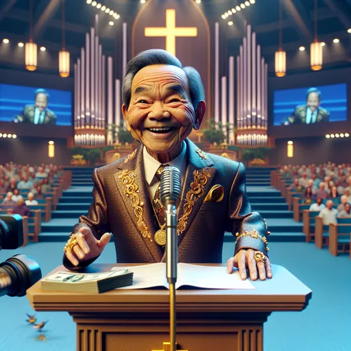 Prompt:  3D, depth of field, a little person, a 75 year-old wrinkled old man, baptist evangelical preacher, arms raised happy and smiling wearing a big microphone fancy preacher suit and gold jewelry standing at the church podium aggressively preaching to the choir, Looney Toons style, deceptive facial features, meticulously detailed, hi-res, surreal, sneaky expression, cross, stained glass, religious decor, Looney Toons style, meticulous detail, ominous atmosphere, tv cameras pointed at him,  money scattered at his feet, massive audience, huge modern mega church setting, intense realistic facial features, humorous, bright stage lighting