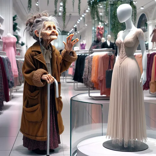 Prompt: Realistic, Looney Toons, a little person, old wrinkled old lady messy hair wearing old lady clothes, admiring a tall faceless generic plastic mannequin dressed in a fashionable dress, high quality, detailed realistic features, vibrant colors, playful, whimsical, realistic lighting, busy department store setting