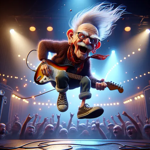 Prompt: 3D View from below,  Looney Toons style, a little person, 100 year old very wrinkled old man with electric guitar , long crazy hair dressed as rock star (jump kicking on stage toward the viewer) singing "Let the bodies hot the floor", humorous surprised facial expression, realistic facial features, real sparks, drifting smoke, busy rock concert setting, stage lighting, high quality, high definition, vibrant colors