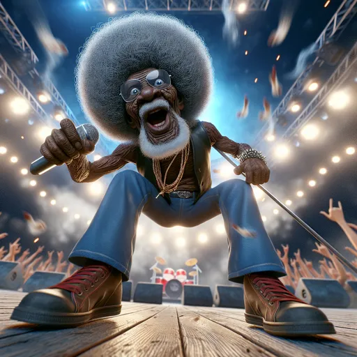 Prompt: 3D closeup View from below,  Looney Toons style, a little person, 100 year old very wrinkled old black man man big afro hair with electric guitar , long crazy hair dressed as rock star (jump kicking on stage toward the viewer) singing "Let the bodies hot the floor", humorous surprised facial expression, realistic facial features, real sparks, drifting smoke, busy rock concert setting, stage lighting, high quality, high definition, vibrant colors