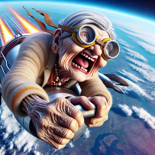 Prompt: 3D portrait, Fleischer Cartoon style, perspective View from above, 100 year old very old wrinkled old lady wearing goggles screaming strapped  vertically to the outside of a very fast moving rocket  hurtling  straight toward the viewer, earth recedes in the background, humorous, exaggerated facial expression, moon, outer space setting, realistic details, realistic facial features, vibrant colors, hi res