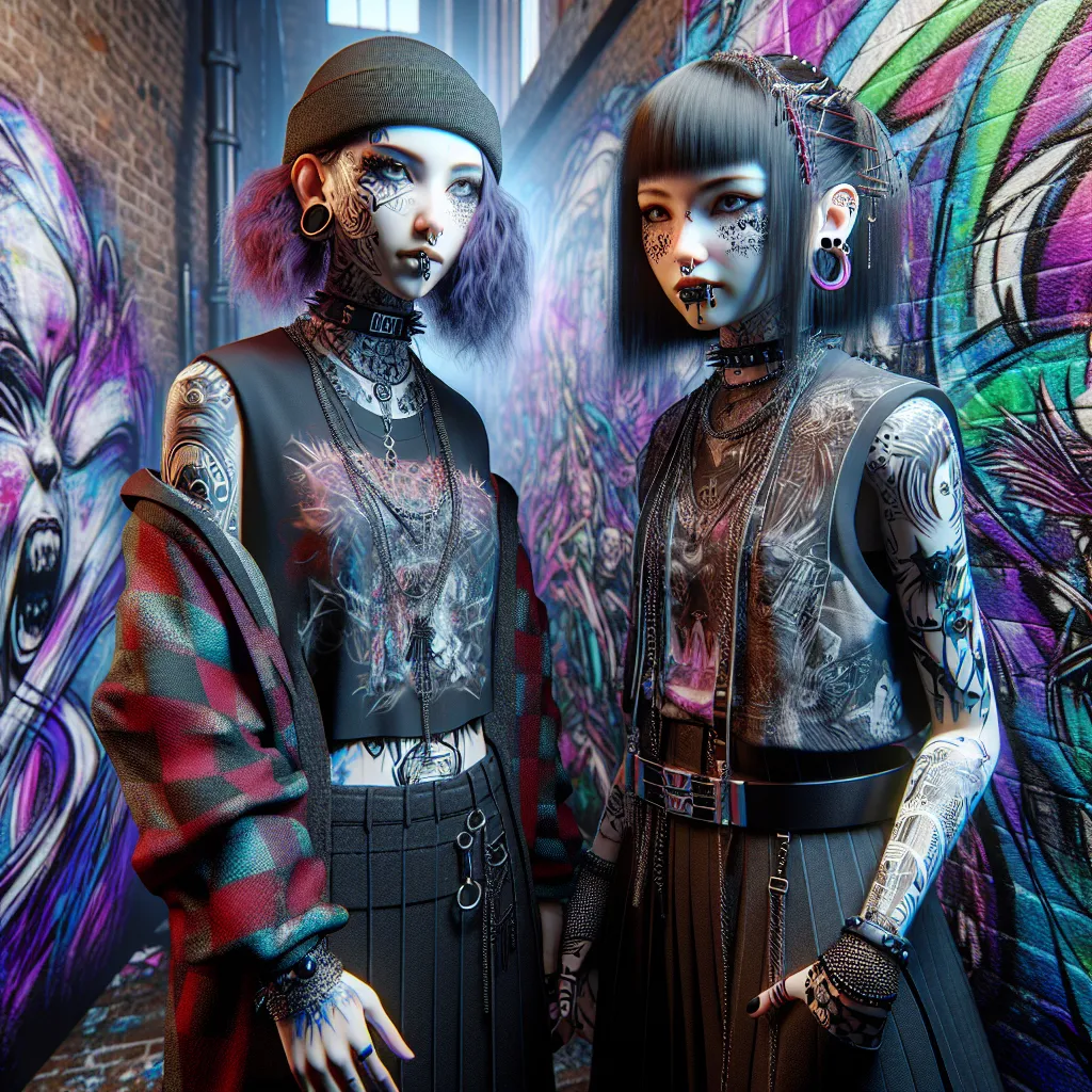 Prompt: 3D wet oil painting, two girls with tattoos and piercings standing next to each other in a room with graffiti on the walls, Art Germ, gothic art, trending on art station, cyberpunk art