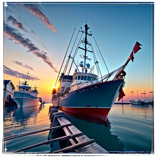 Prompt: 3D closeup Portrait, view from below, depth of field, A beautiful Louisiana Harbor at sunrise on a warm Spring morning, calm waters, closeup of A large shrimp boat with bow a few feet from the viewer prepares for the day ahead, seagulls, colorful homes line the harbor, a large ship heads out to sea, serene, intricate details, natural lighting