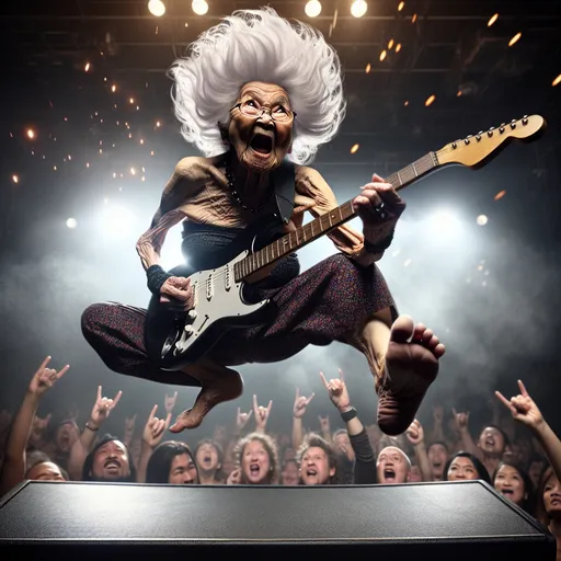 Prompt:  View from below, 100 year old very wrinkled old woman big 1980's hair style crazy hair with electric guitar, dressed as rock star (jump kicking on stage toward the viewer) singing "Let the bodies hot the floor", humorous surprised facial expression, realistic facial features, real sparks, drifting smoke, busy rock concert setting, stage lighting, high quality, high definition, vibrant colors