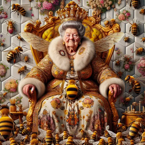 Prompt:  Looney Toons style, a whimsical portrait of a little person,  a wrinkled old 100 year old  fat wrinkled  woman with a big 1960's beehive hairdo, wearing a luxurious bee patterned real fur robe with bee wings and golden crown, bee antennas on her head, her body resembles the detailed features of a queen bee, she is sitting on an ornate royal throne of gold diamonds and dripping with honey. Many other worker bees gather before her. Setting is inside of a beehive with honeycomb walls and a  floral decor, humorous, ultra high resolution, detailed realistic textures and patterns, vibrant colors