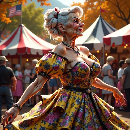 Prompt: rococo painting by William Holman Hunt of a radiant princess adorned in an opulent checkered gown, sprinkled with jewels and intricate floral patterns standing. She is clogging dancing at a local state county country fair, dynamic pose. behind her a beautiful autumn background.