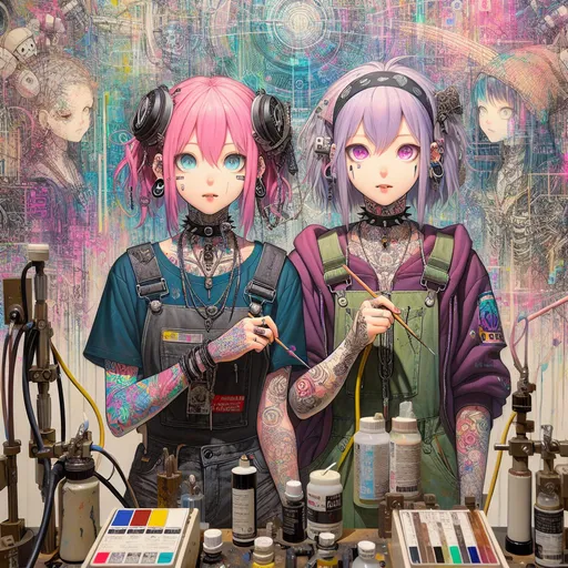 Prompt: 3D wet oil painting, anime style, two girls with tattoos and piercings standing next to each other in a room with graffiti on the walls, Art Germ, gothic art, trending on art station, cyberpunk art