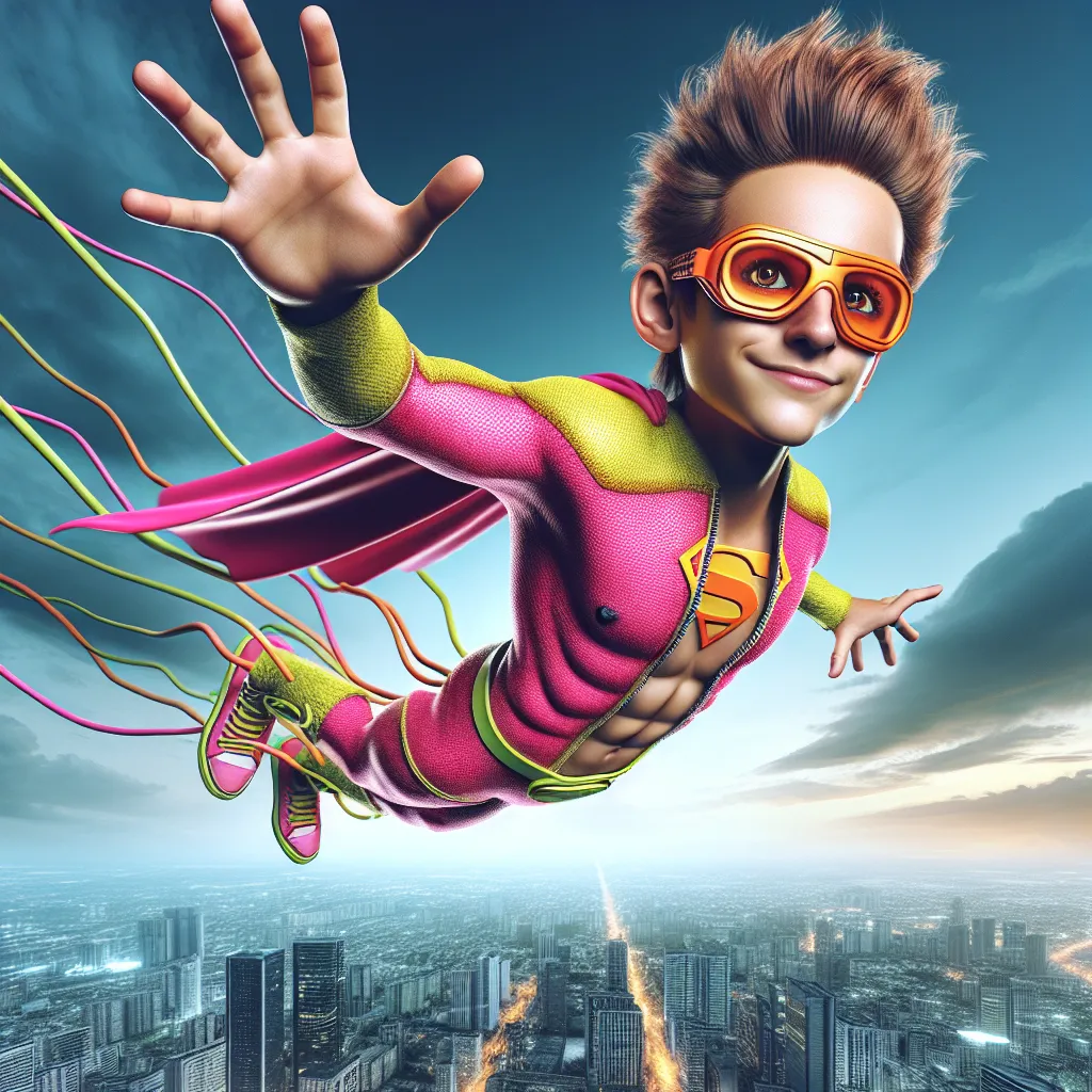 Prompt: Create a little person who is an armless and legless  caped superhero flying through the air. (His hands and feet are connected directly to his torso).  He wears neon orange goggles and a neon pink and yellow superhero outfit  with a quirky looking "S" on the chest. He has bare feet and bare hands, he has an expressive hairdo. He flies high above the city skyline defending it from crime! Dynamic pose.