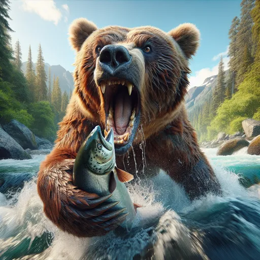 Prompt:  3D extreme closeup, over the shoulder view from below a large brown bear roaring reaching within inches of the viewer to catch a large salmon, fishing for salmon, fast moving river, mountainous forest, realistic fur, vibrant colors, intricate detailed fur, intricate bear features, natural lighting, adventurous vibe, detailed scene, high quality, natural pose, realistic, wildlife, close-up, vibrant colors, forest setting, intense action, dynamic composition, detailed fur, natural lighting, exciting atmosphere