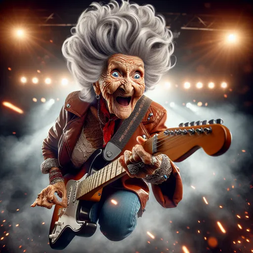 Prompt: closeup, over the shoulder View , 100 year old very wrinkled old woman big 1980's hair style crazy hair with electric guitar, dressed as rock star (jump kicking on stage toward the viewer) singing "Let the bodies hot the floor", humorous surprised facial expression, realistic facial features, real sparks, drifting smoke, busy rock concert setting, stage lighting, high quality, high definition, vibrant colors