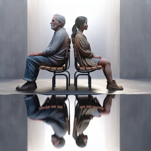 Prompt: an older man and woman sitting on a bench next to each other (young man and woman reflection in the water), Filip Hodas, photorealism, photorealistic imagery, a 3D render