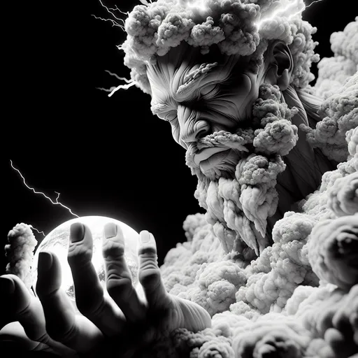 Prompt: Closeup Black and white 3D Artistic View from below, African god, African theme, stark Image of a rugged omnipotent god-like black man made entirely of clouds he is holding the earth in one hand frowning looking down upon the earth in judgement other hand clutching his chest, black man, gestural pose, face is tilted, golden lightning lights up his face, golden highlights hi res