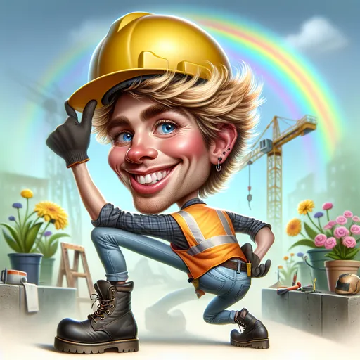 Prompt: 
Closeup Ultra Realistic Whimsical caricature of a cheeky male construction worker with expressive, blonde hair, blue jeans yellow hard hat, and a yellow and orange safety vest. he is in a dynamic pose a job site small flowers  rainbow in the background. he is wearing black boots, background misted soft muted colours chic art cool vibes