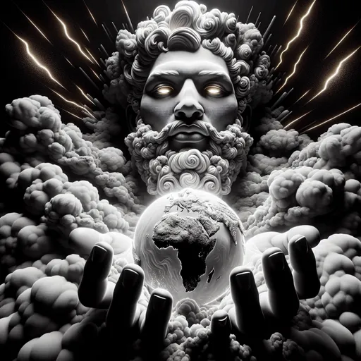 Prompt: Closeup Black and white 3D Artistic View from below, African god, African theme, stark Image of a rugged omnipotent god-like black man made entirely of clouds he is holding the earth in one hand frowning looking down upon the earth in judgement other hand clutching his chest, black man, gestural pose, face is tilted, golden lightning lights up his face, golden highlights hi res