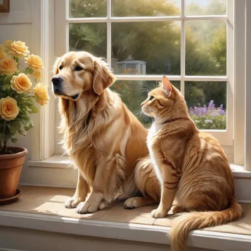 Prompt: Photo realistic illustration of a golden retriever and tabby cat, sitting in a window seat, heartwarming closeness, beautiful garden view, detailed fur and whiskers, high quality, realistic, natural lighting, garden setting, pet companionship, emotional warmth, detailed painting, golden retriever, tabby cat, window seat, garden view, realistic fur, natural lighting, emotional connection, heartwarming, pet companionship, beautiful illustration