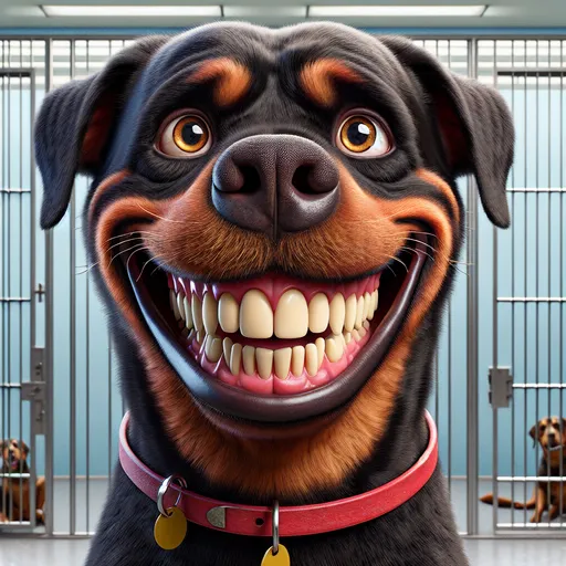 Prompt: a 3D portrait of an very happy panting Rottweiler smile human dentures  with big friendly eyes, a big bulbous nose in viewer's face, big head, long ears, long tongue, long tall narrow neck with red collar and gold dog tags, goofy facial expression, humorous, realistic facial features, realistic fur, real textures, dog pound kennel setting