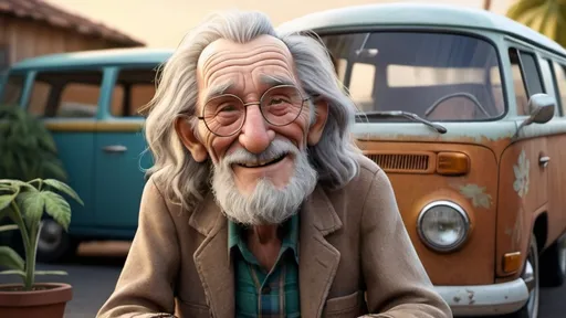 Prompt: Disney pixar comical character, 3D  render style, very deeply wrinkled 100 year old man smoking weed  sitting in front of an old VW van, 1960's peace sign, old hippy man in hippie clothing smoking weed, smiling, crazy long messy hair, many finely detailed exaggerated deep wrinkles, extra wrinkles, detailed craggy facial features, whimsical, cinematic colors, front porch setting