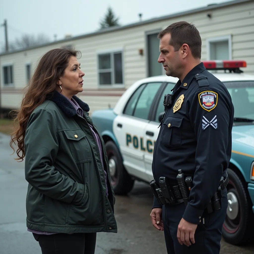 Prompt: A frumpy looking 39 year old woman argues with a police officer in front of a trailer in a trailer park, dynamic pose. The police car sits nearby on the street. The weather is  a hard rain with wind blowing.