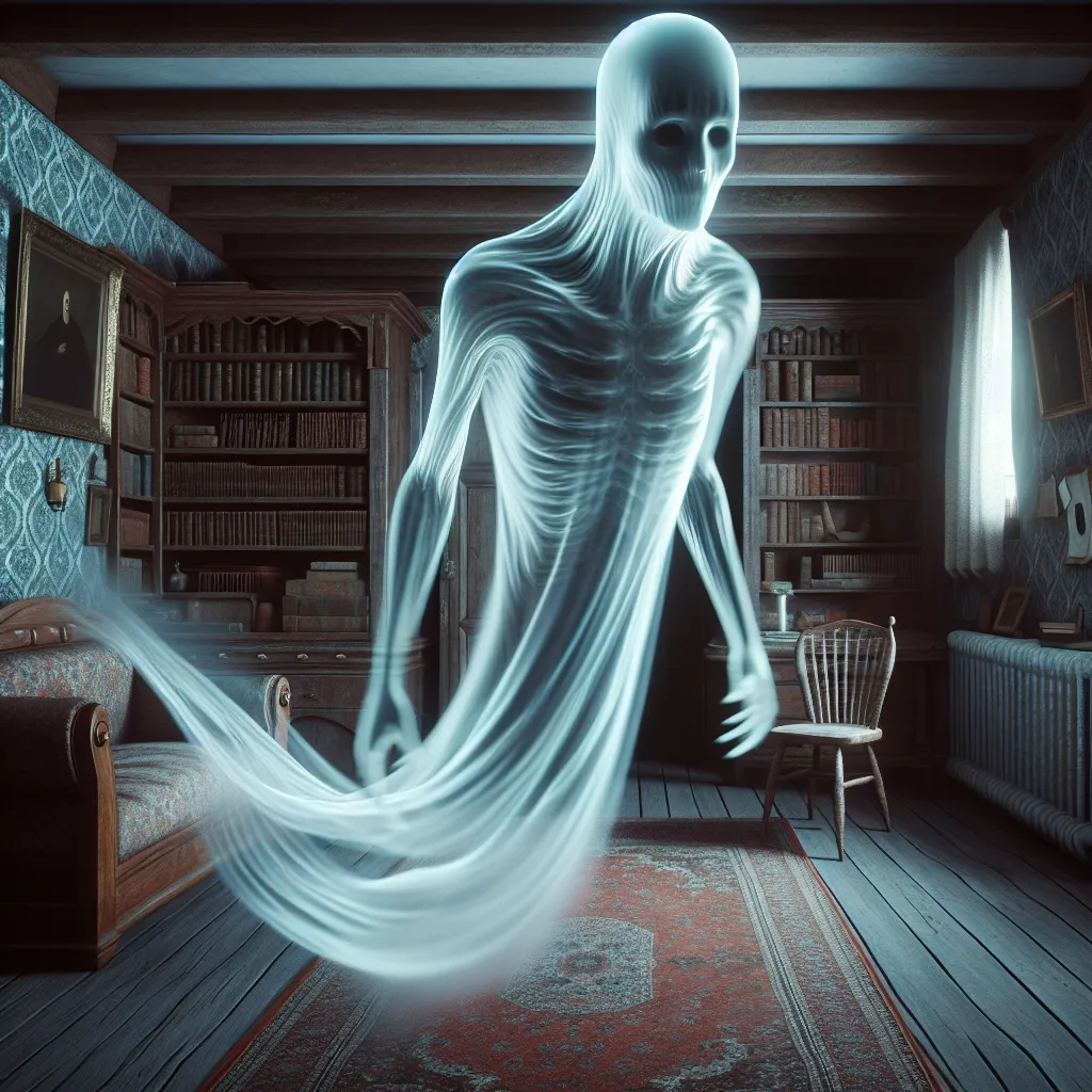 Prompt: 3D, Extreme Closeup See through ghost flying across a room toward the viewer, frightening