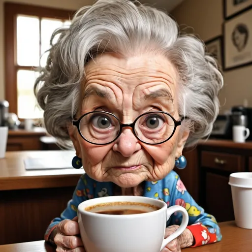 Prompt: Photo-realistic, close-up, fisheye effect, Looney Toons, 100 year old wrinkled grandma chibi frowning crazy messy hair looking into coffee cup in print dress, adorable expression, fish eye lens, many detailed wrinkles and textures, high-quality, realistic, humorous, cute, heartwarming