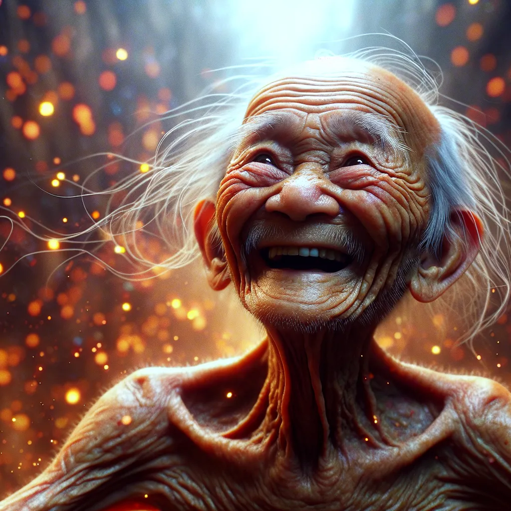 Prompt: Photo realistic, Looney toons, Surreal, dreamlike, a little person, 109 year old wrinkled old man, very happy smiling, floating in a fanciful smoldering dream world with not a care in the world, hi res, vivid colors, meticulous detail