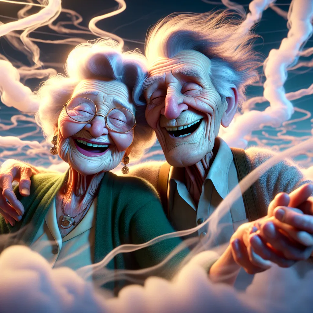 Prompt: 3D, nostalgic, an 85 year-old wrinkled old couple, very happy and smiling, floating through a mist in an elegant surreal and dreamlike dream world, Looney Toons style, vivid colors, meticulously detailed, hi-res, surreal, dreamlike, happy expression, dream world, 3D, elderly, floating, smoldering smoke, vivid colors, Looney Toons style, meticulous detail, carefree atmosphere, warm lighting