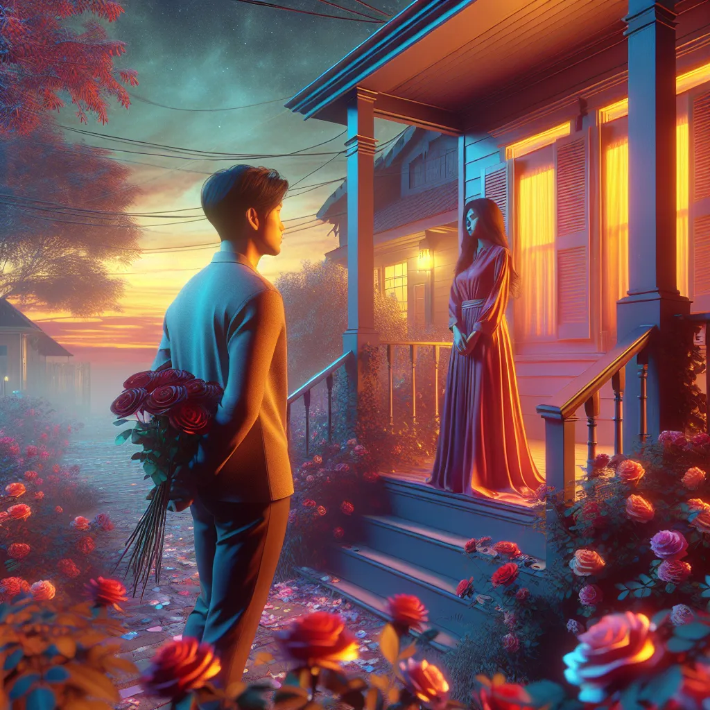 Prompt: 3d, photo realistic, depth of field, Caricatures of A man holding roses behind his back talking to a woman. Front porch setting, early evening, romantic vibe, vivid colors. Background of darker shades of faded muted colors.