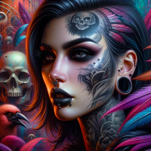 Prompt: Closeup, Head shot, a woman with tattoos and piercings on her face and neck, with a colorful background of feathers and a skull, Art Germ, gothic art, highly detailed oil painting, cyberpunk art