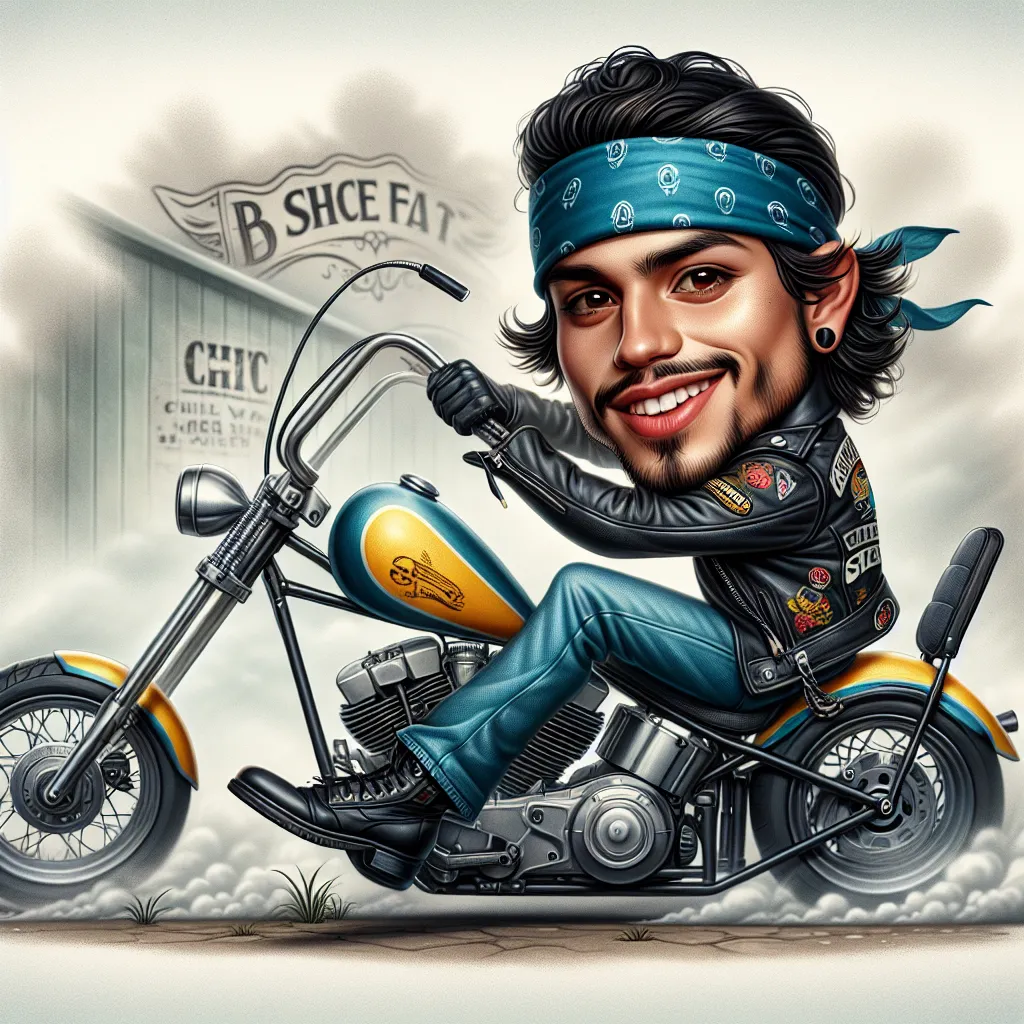 Prompt: 
Closeup Ultra Realistic Whimsical caricature of a cheeky man biker riding a motorcycle with expressive dark hair, blue jeans skull cap helmet and a yellow and black leather jacket he is in a dynamic pose. he is wearing black boots,  seedy "Biker Bar" background misted soft muted colours chic art cool vibes