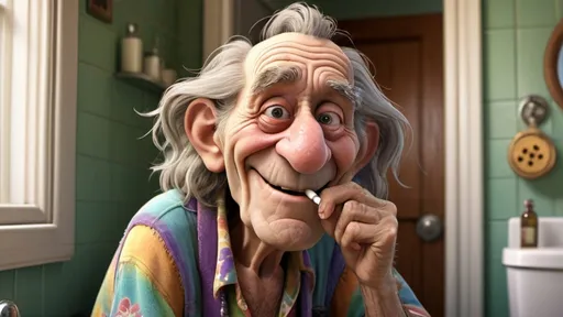 Prompt: Disney pixar comical character, 3D  render style, very deeply wrinkled 100 year old man looking in a bathroom mirror combing his hair old hippy man in hippie clothing smoking weed, smiling, messy greasy hair, many finely detailed exaggerated deep wrinkles, extra wrinkles, detailed craggy facial features, whimsical, cinematic colors, front porch setting