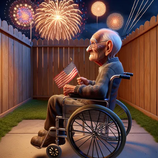 Prompt: 3D View from 20° above,  portrait,Looney Toons style, a little person, 100 year old very wrinkled old man sad sitting in his wheel chair holding a small American flag watching fireworks over a wooden privacy fence, realistic facial features, real sparks, real fire and smoke, empty back yard, high quality, high definition, vibrant colors