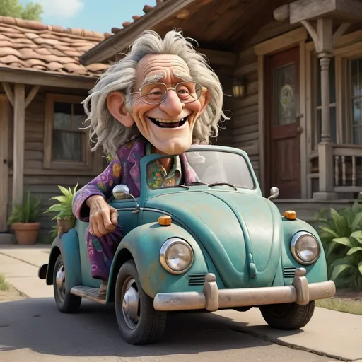 Prompt: Disney pixar comical character, 3D render style, very deeply wrinkled 100 year old man sitting on an old VW Bug, old hippy man in hippie clothing smoking weed, smiling, crazy long messy hair, many finely detailed exaggerated deep wrinkles, extra wrinkles, detailed craggy facial features, whimsical, cinematic colors, front porch setting