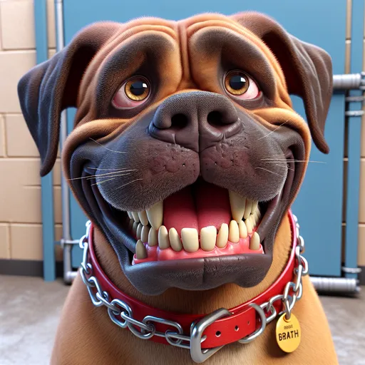 Prompt: a 3D portrait of an very happy panting bull mastiff smile human dentures one front tooth missing   with big friendly eyes, a big bulbous nose in viewer's face, big head, long ears, long tongue, long tall narrow neck with red collar and gold dog tags, goofy facial expression, humorous, realistic facial features, realistic fur, real textures, dog pound kennel setting