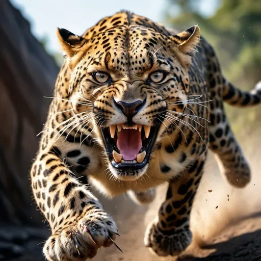 Prompt: Photo realistic, low angle, portrait, very angry intimidating dangerous leopard on the attack, teeth bared, running jumping on the camera, barking, drooling, debris flying, big scary claws, frightening, dark jumgle
