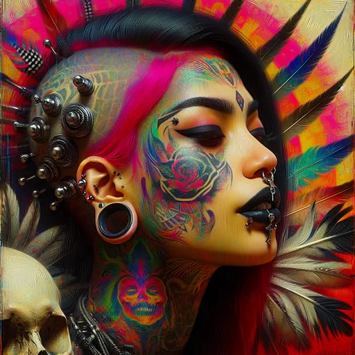 Prompt: Closeup, Head shot, a woman with tattoos and piercings on her face and neck, with a colorful background of feathers and a skull, Art Germ, gothic art, highly detailed oil painting, cyberpunk art