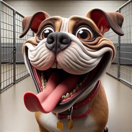 Prompt: a 3D portrait of an very happy panting bulldog  with big friendly eyes, a big bulbous nose in viewer's face, big head, long ears, long tongue, long tall narrow neck with red collar and gold dog tags, silly facial expression, humorous, realistic facial features, realistic fur, real textures, dog pound kennel setting