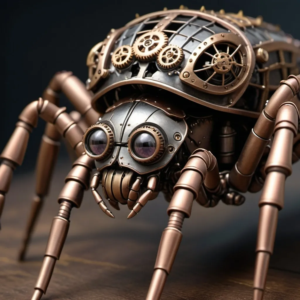 Prompt: Photo realistic, extreme closeup, steampunk, armored crawling insect spider