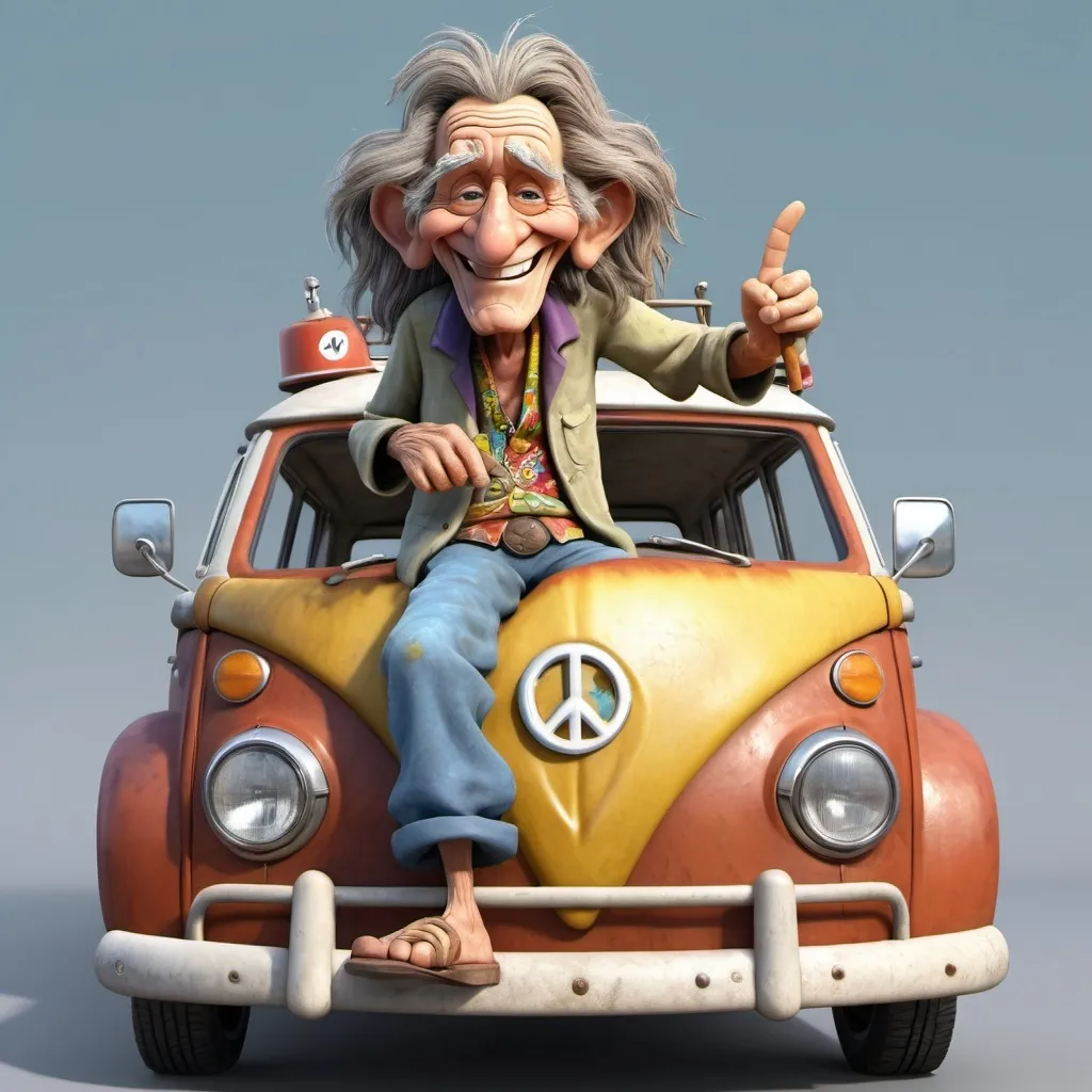 Prompt: Disney pixar comical character, 3D render style, very deeply wrinkled 100 year old man sitting on an old VW van, 1960's peace sign, old hippy man in hippie clothing smoking weed, smiling, crazy long messy hair, many finely detailed exaggerated deep wrinkles, extra wrinkles, detailed craggy facial features, whimsical, cinematic colors, front porch setting