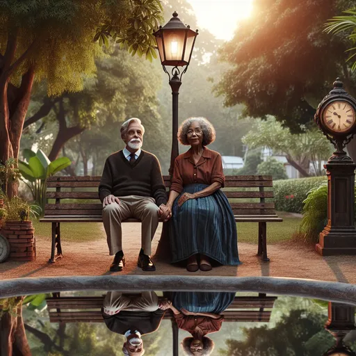 Prompt: An older retired couple sitting on a park bench next to a lamp post holding hands. Viewer can see their reflection in a pond body in the foreground, the reflection is of the couple when they were younger