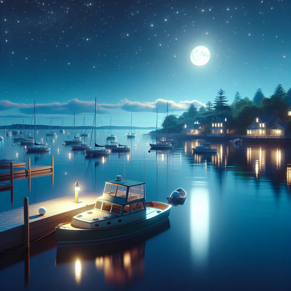 Prompt: a beautiful small New England marina with boats next to the ocean at night with a reflection in the water photorealism, photorealistic imagery, a 3D render